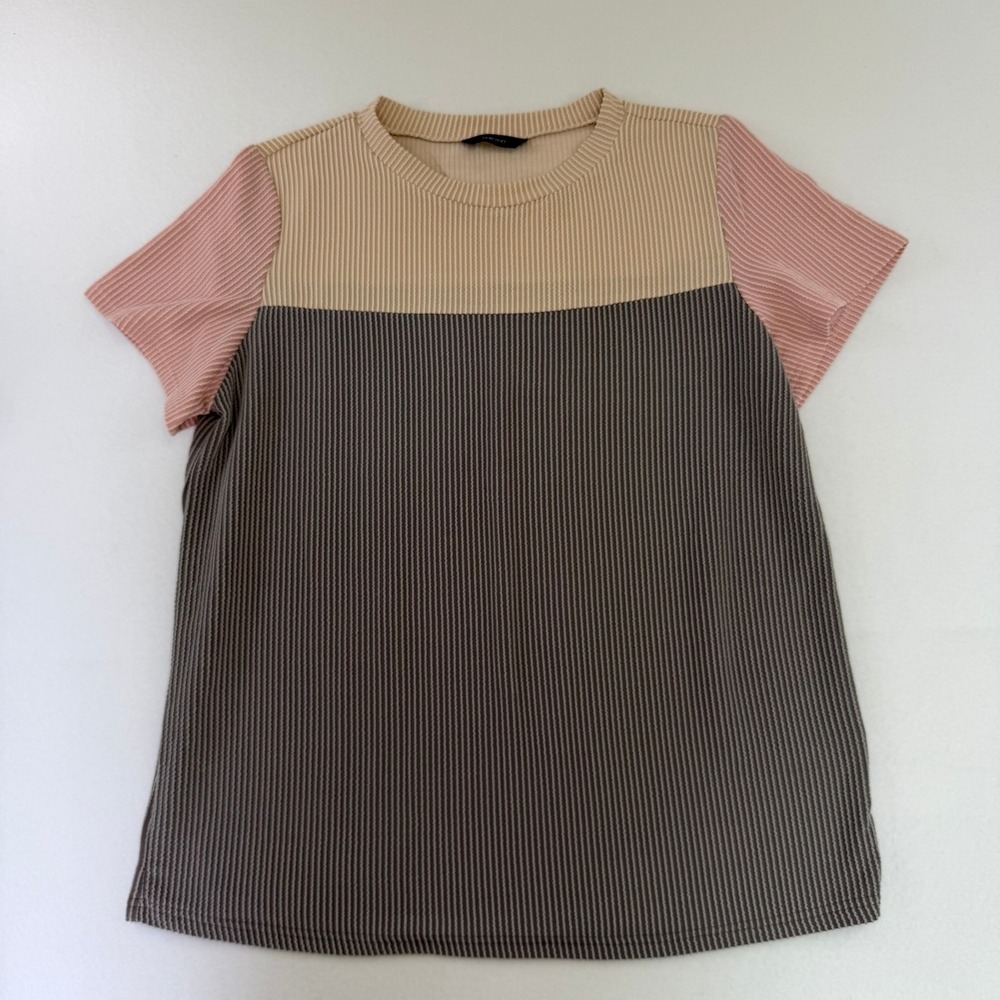 Dokotoo Womens Colorblock Ribbed Textured Short Sleeve Top XL Grey Tan Pink